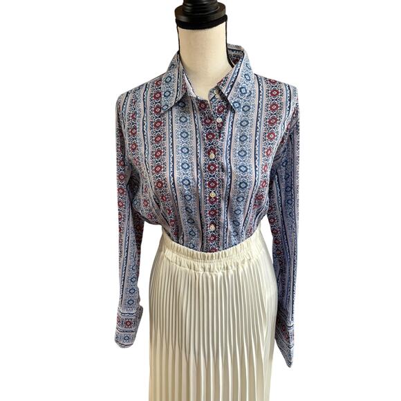 Faconnable Women’s 100% Cotton Button Down Shirt Blue Red Print Size M - Picture 1 of 7